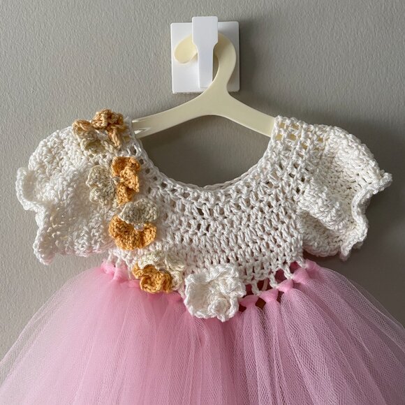 Handmade Cotton Crochet White Orange Light Pink Tulle Doll Teddy Bear Tutu Dress - Picture 5 of 12